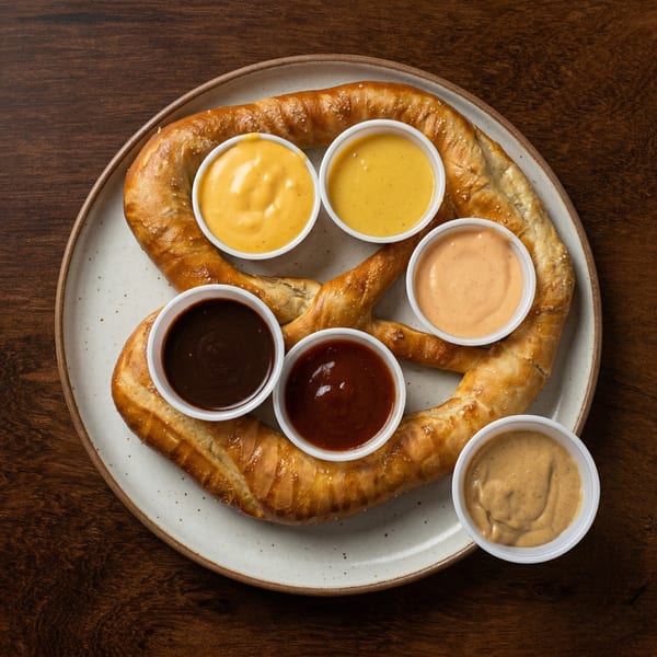 A large pretzel on a white plate, surrounded by six small cups of various dipping sauces.
