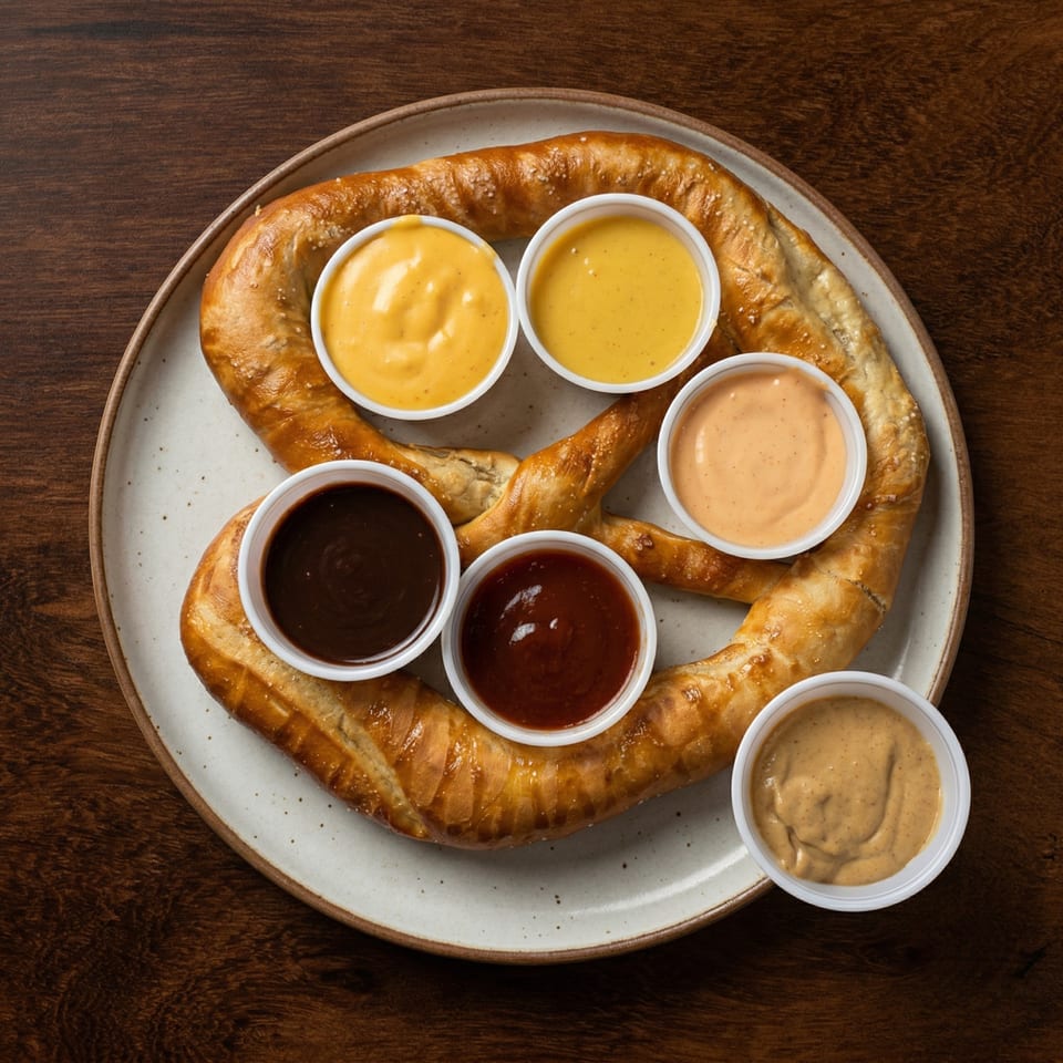 A large pretzel on a white plate, surrounded by six small cups of various dipping sauces.