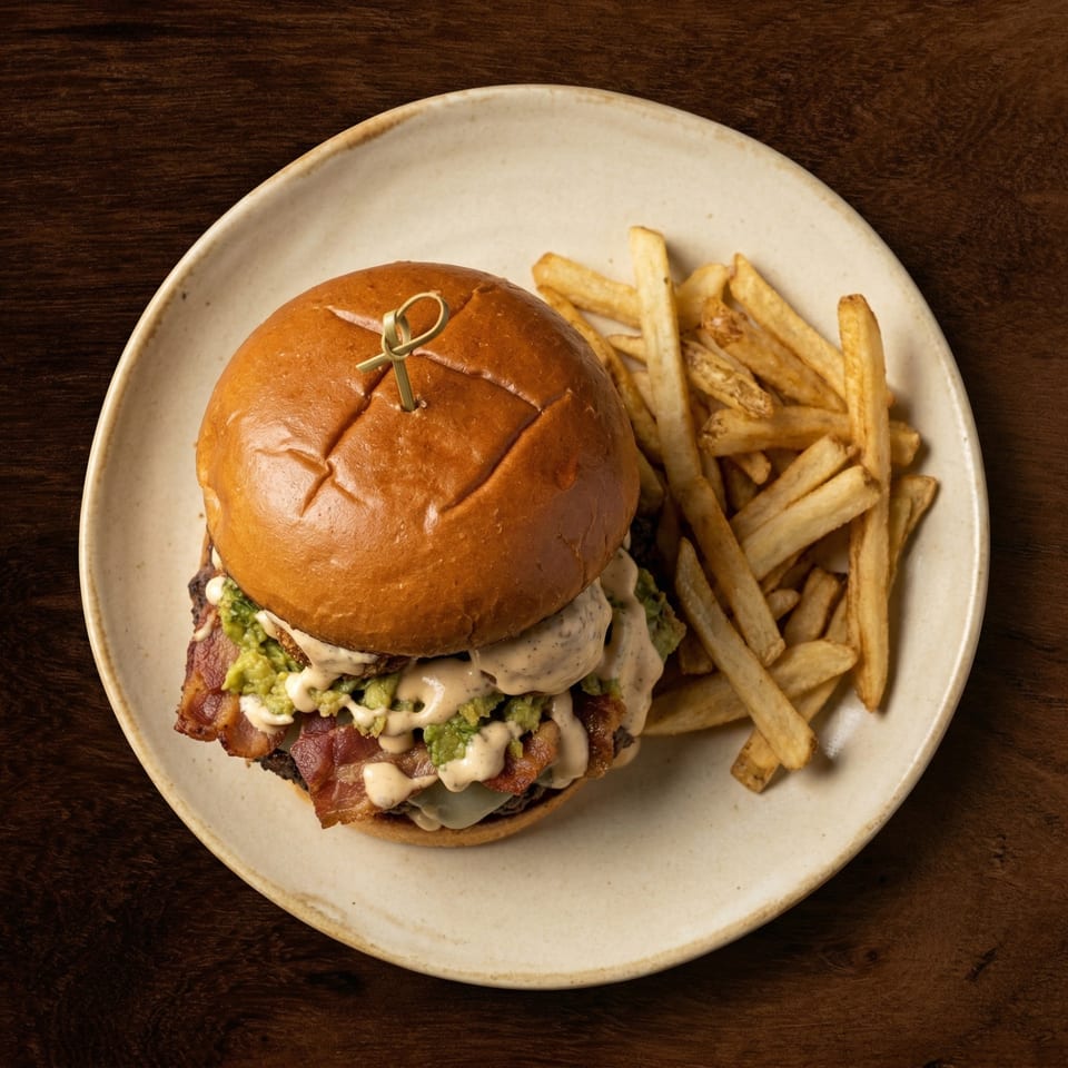 Gourmet burger with bacon, guacamole, and sauce, served with golden french fries on a white plate.
