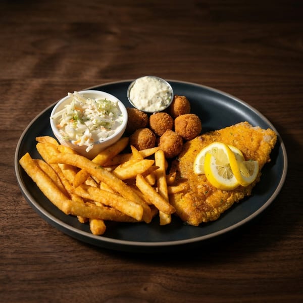 A plate of golden-fried fish with lemon slices, french fries, coleslaw, and hush puppies.