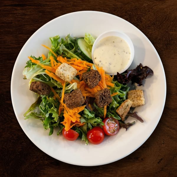 Fresh garden salad with mixed greens, shredded carrots, cherry tomatoes, croutons, and dressing.