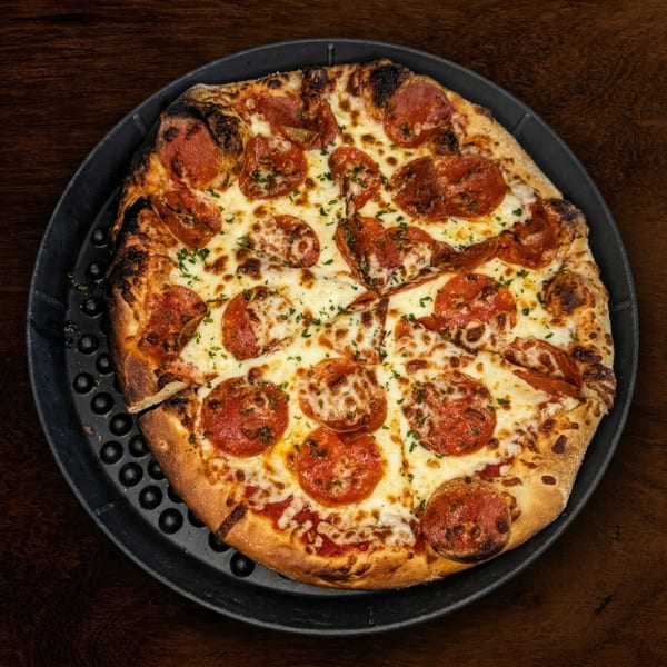 A freshly baked pepperoni pizza, topped with melted cheese and herbs, on a dark pan.